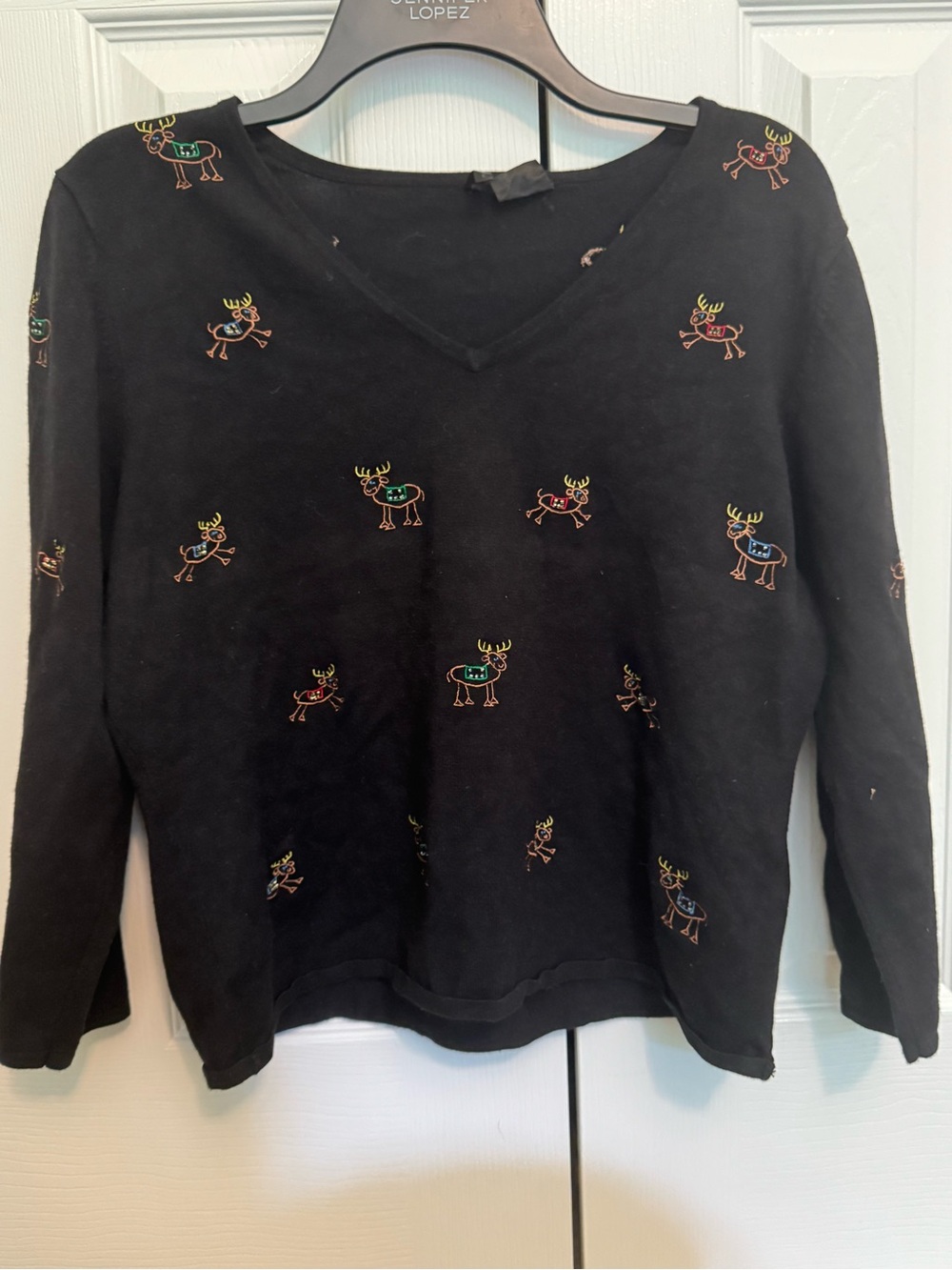 Black Embroidered Reindeer V-Neck Top